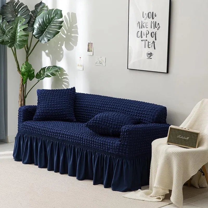 Blue - Stretch Sofa Covers With Pleated Skirt - The Sofa Cover House