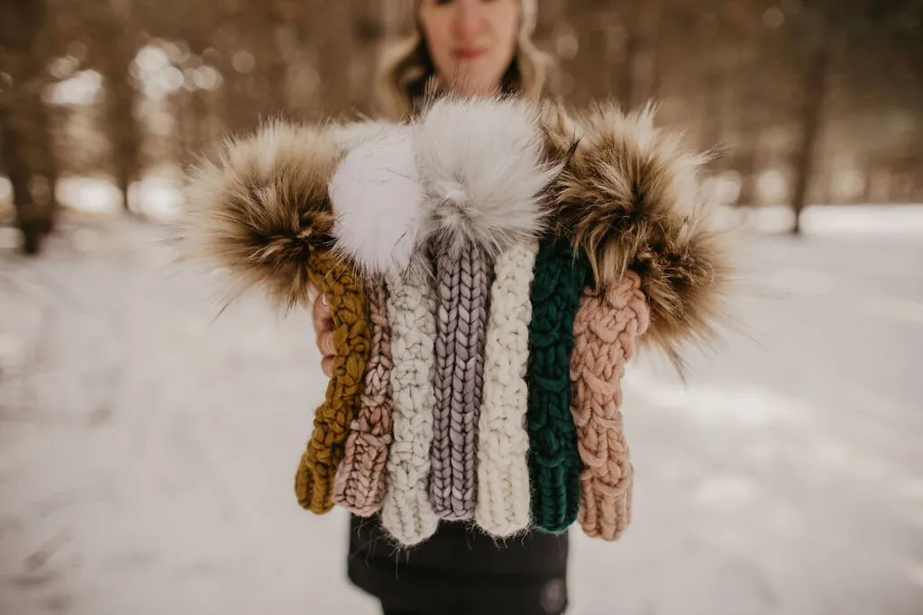 Blush Pink Peruvian Wool Knit Hat with Faux Fur Pom Pom