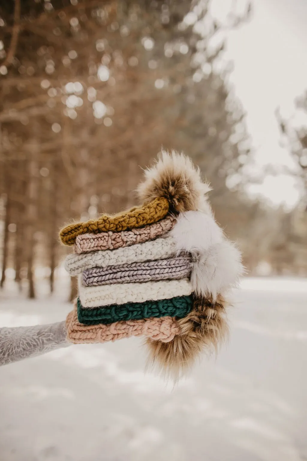 Blush Pink Peruvian Wool Knit Hat with Faux Fur Pom Pom