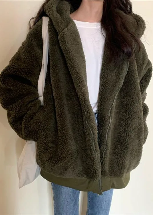 boutique oversized medium length coat winter outwear green hooded Wool jackets