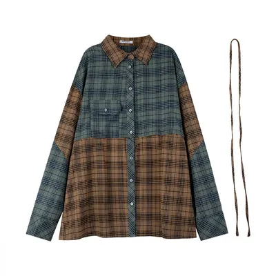 Bridget Plaid Patchwork Boyfriend Long Sleeve Baggy Office Shirt Top