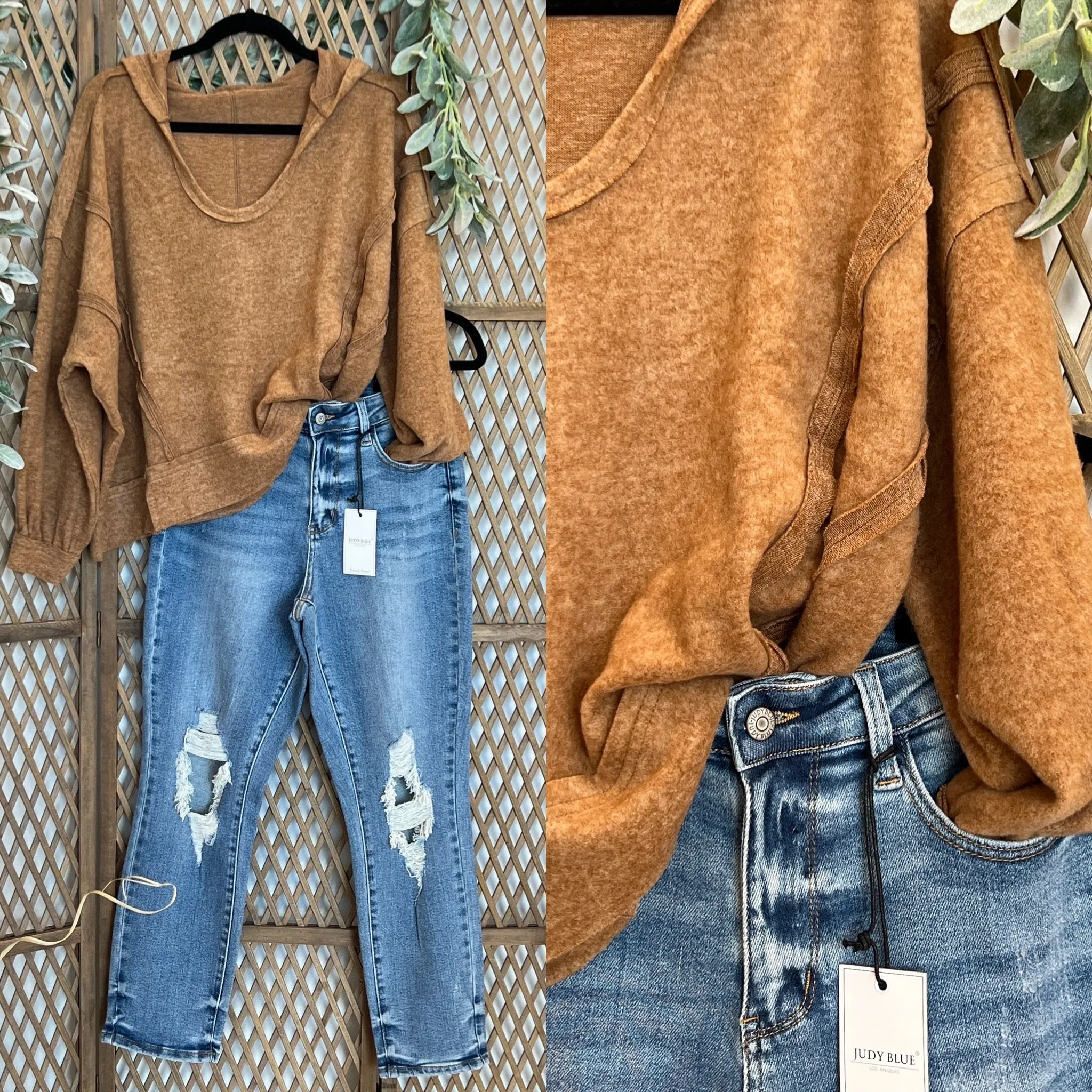 Brushed Hacci Balloon Sleeve Hoodie: Deep Camel