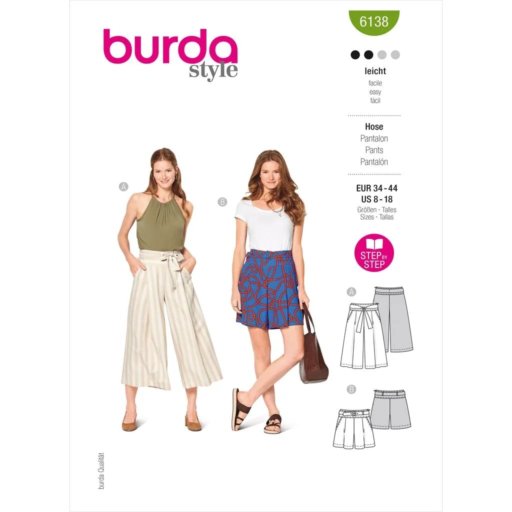 Burda Style Pattern 6138 Misses' Culottes, Trousers, Pants B6138