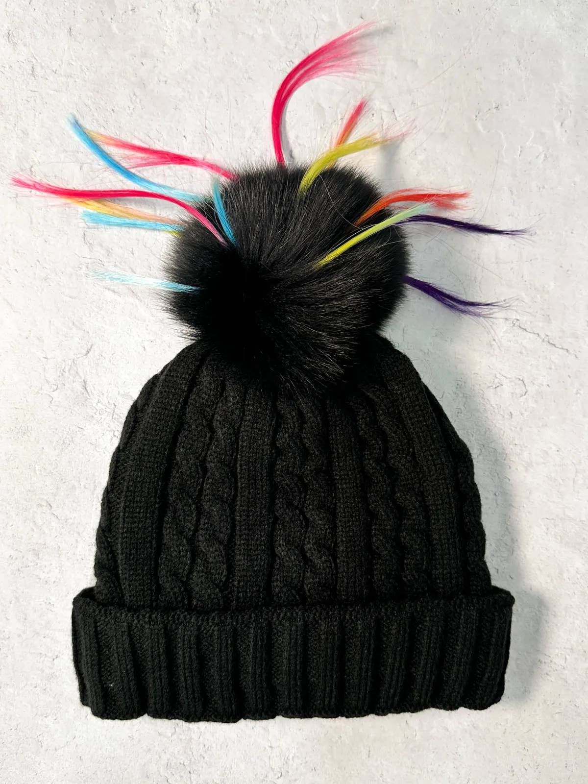 Cable Knit Rainbow Fur Pom Pom Beanie Hat, Black/Black