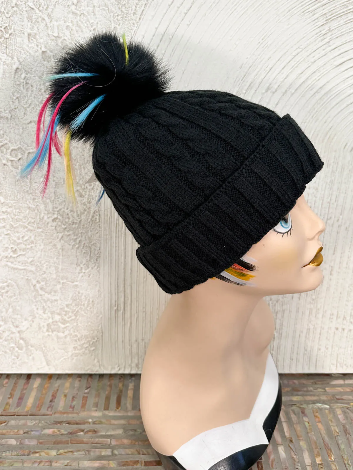 Cable Knit Rainbow Fur Pom Pom Beanie Hat, Black/Black