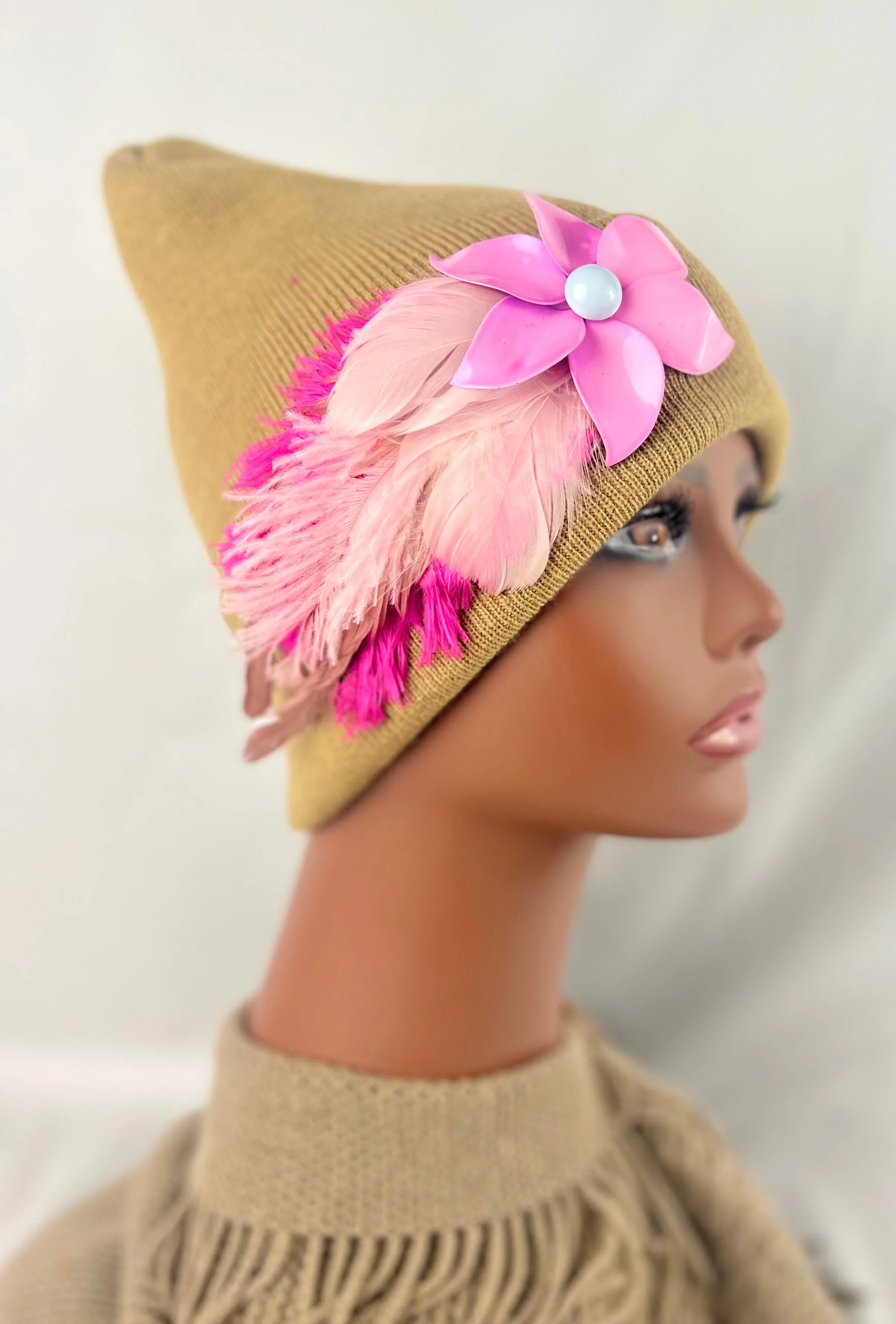 CAMEL COLLECTION - Embellished Feathered & Vintage Jeweled Knit Hats