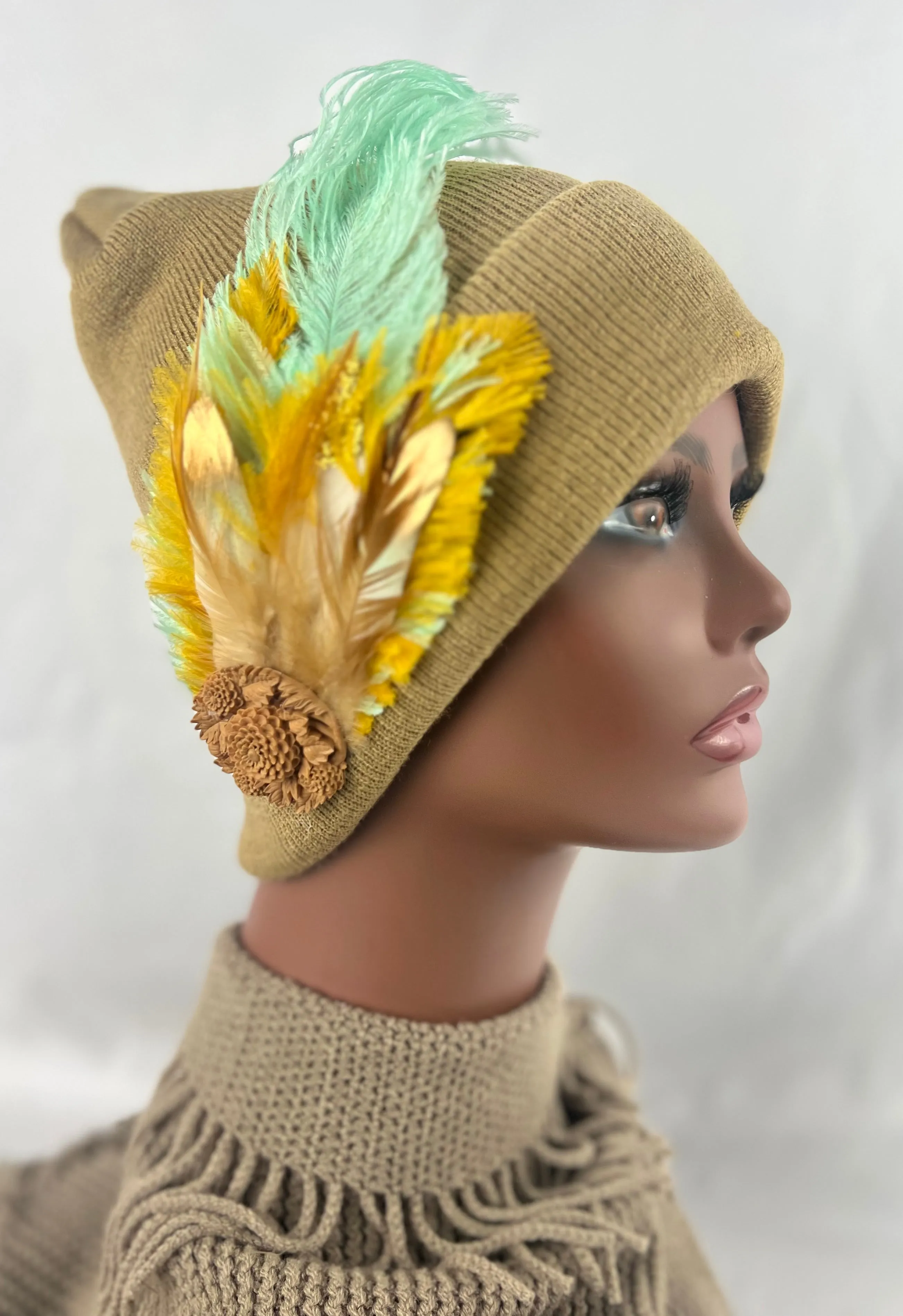 CAMEL COLLECTION - Embellished Feathered & Vintage Jeweled Knit Hats