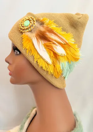 CAMEL COLLECTION - Embellished Feathered & Vintage Jeweled Knit Hats