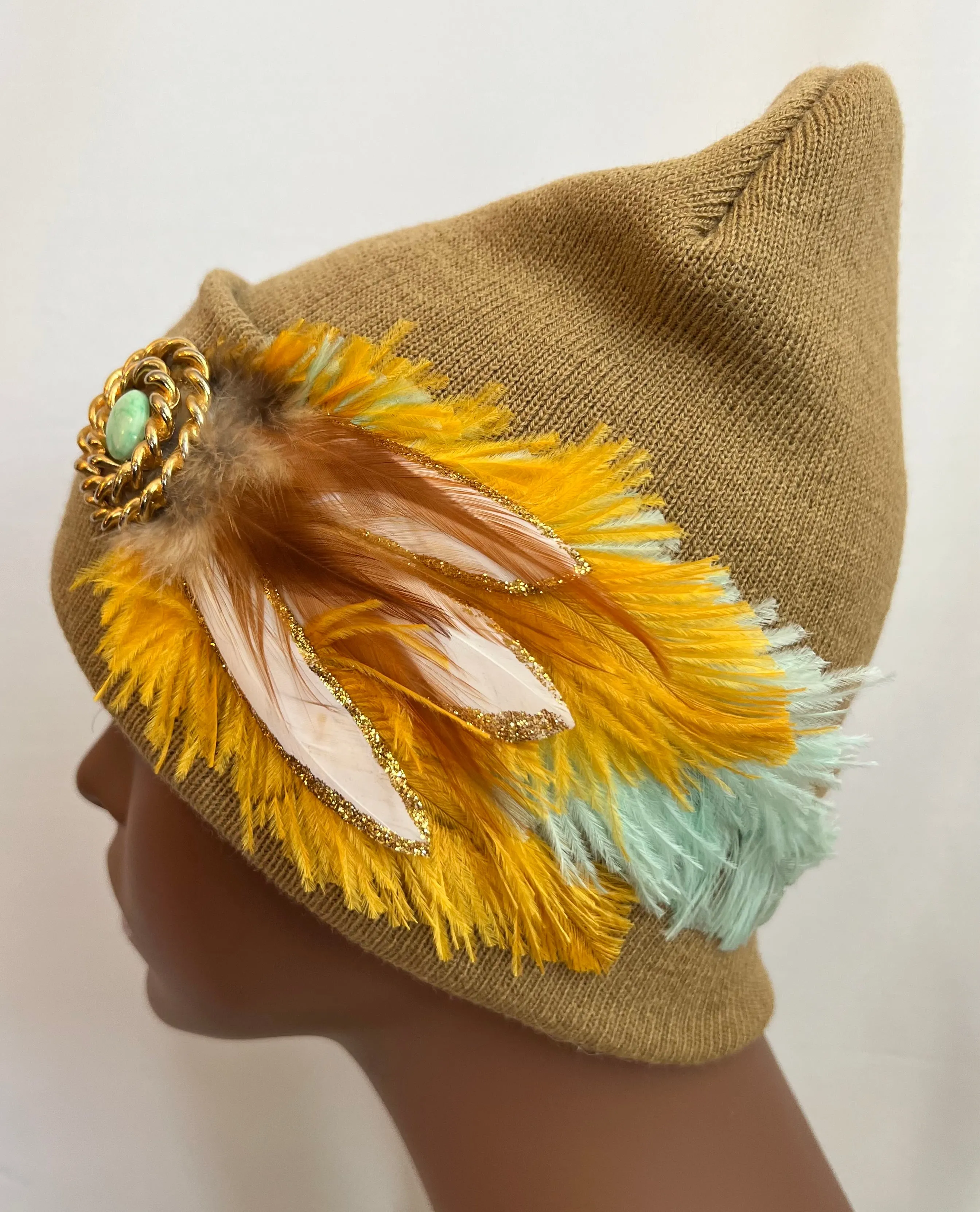 CAMEL COLLECTION - Embellished Feathered & Vintage Jeweled Knit Hats