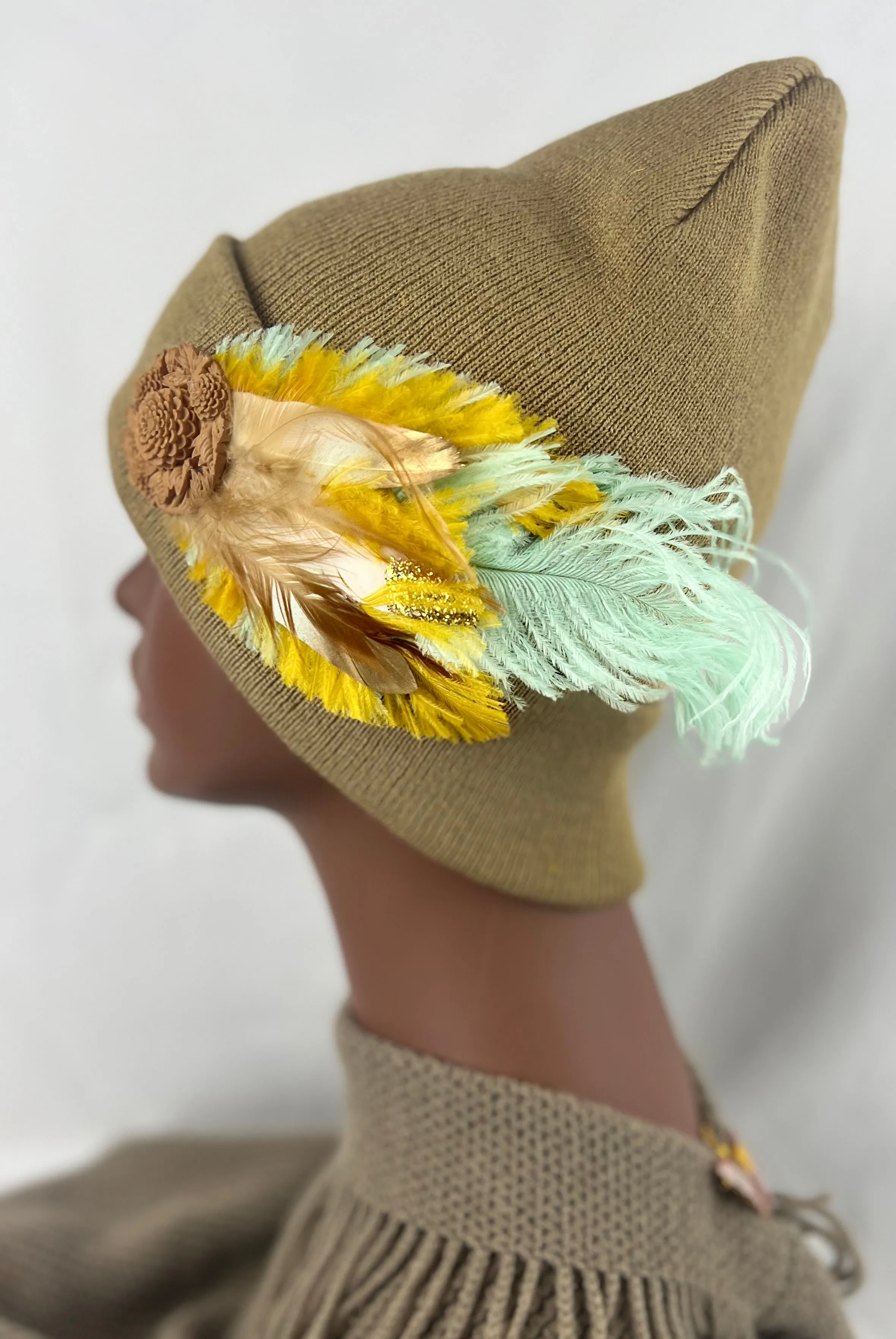 CAMEL COLLECTION - Embellished Feathered & Vintage Jeweled Knit Hats