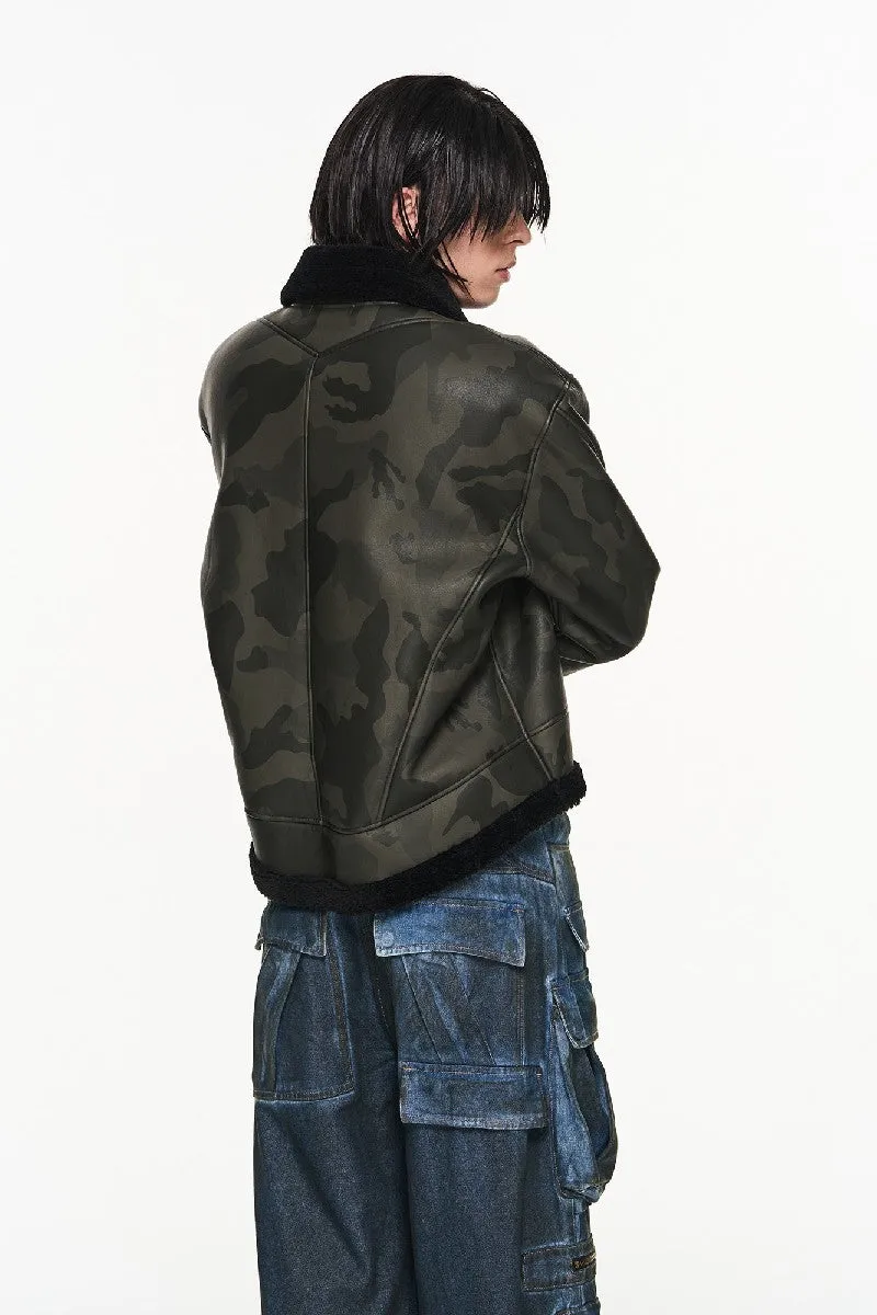 Camo Pu Leather Wool Coat