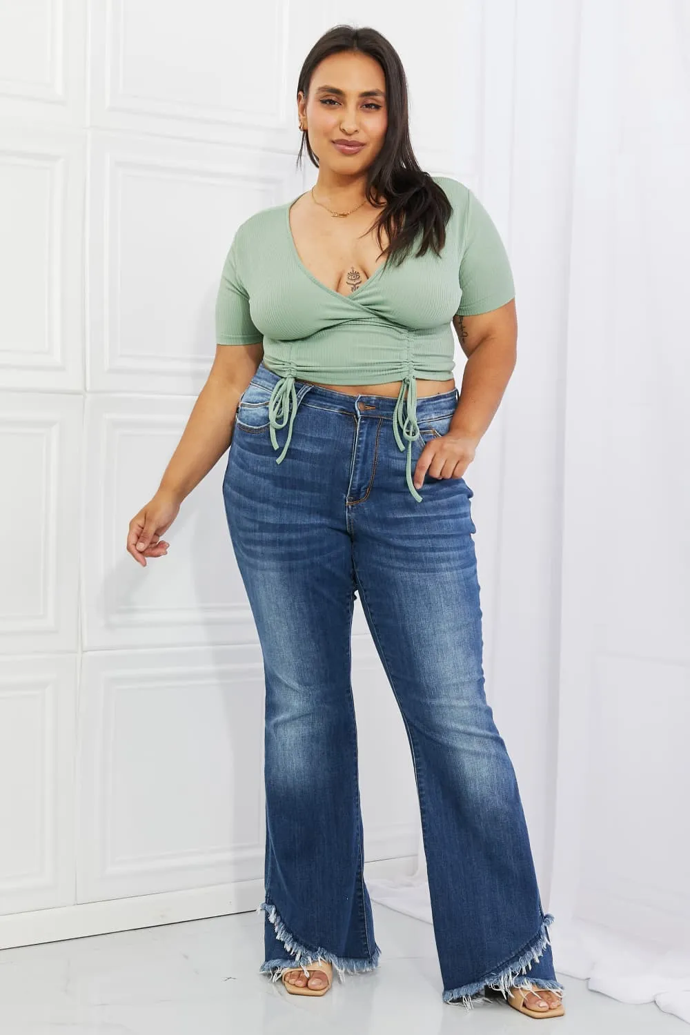 Capella, Back To Simple Ribbed Front Scrunched Top in Green