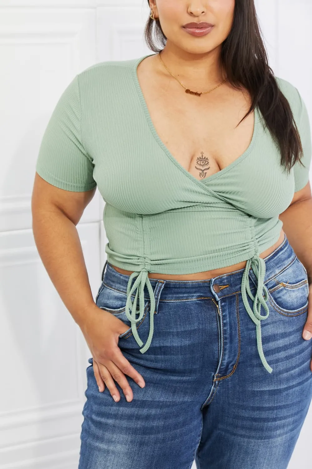 Capella, Back To Simple Ribbed Front Scrunched Top in Green