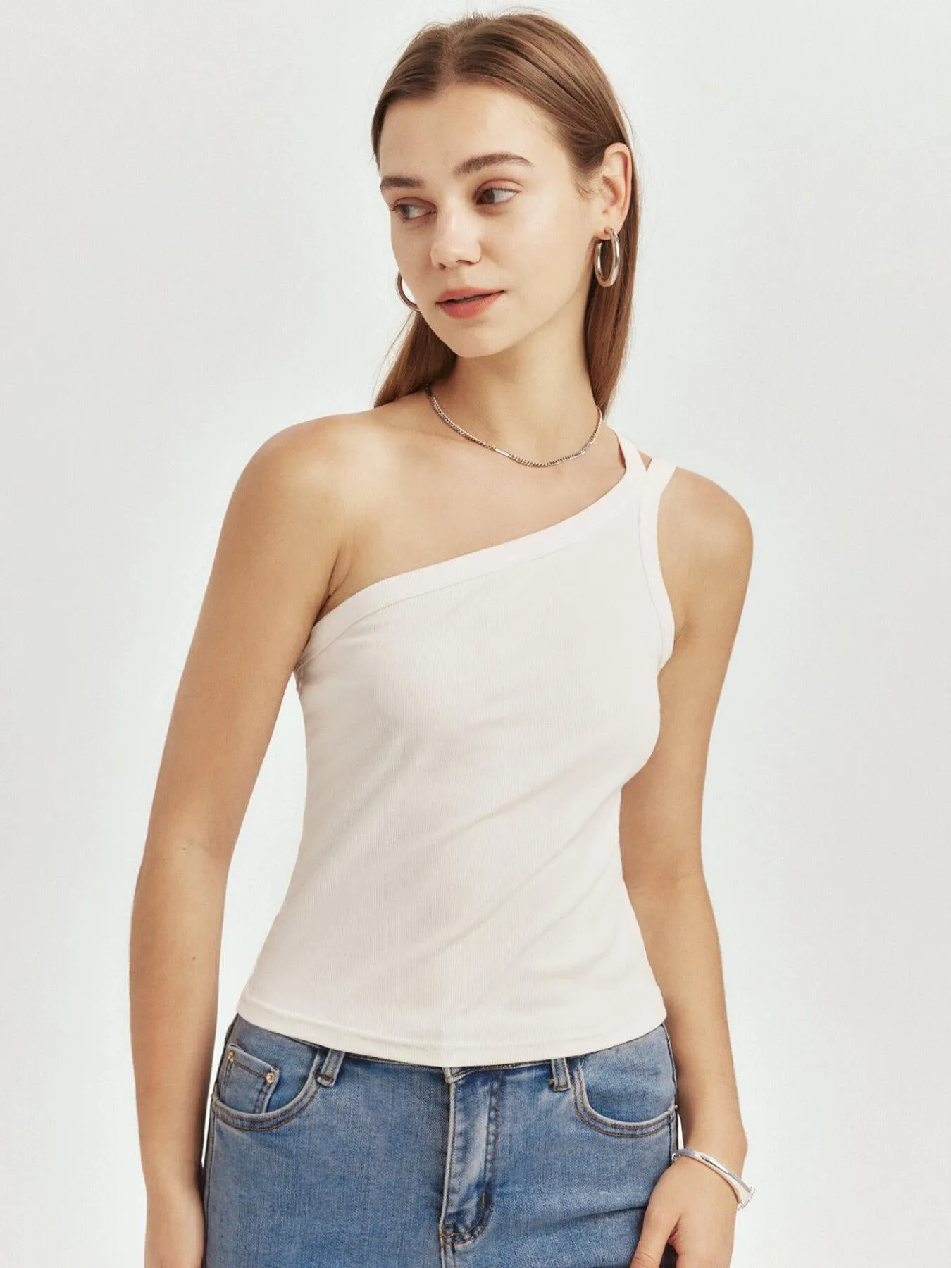 Casual One Shoulder Fit Rib Tank Top