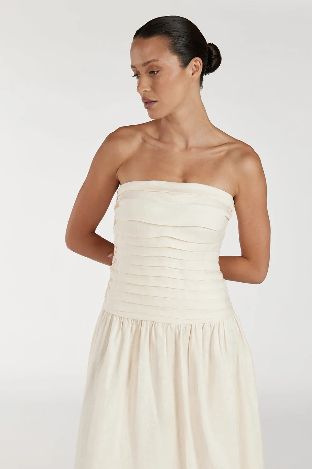 CATANIA CREAM LINEN STRAPLESS MIDI DRESS