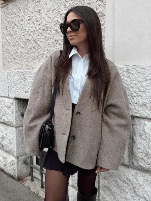 Chic Wool V Neck Coat: Elegant Autumn Office Jacket for Women