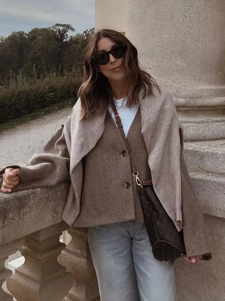 Chic Wool V Neck Coat: Elegant Autumn Office Jacket for Women