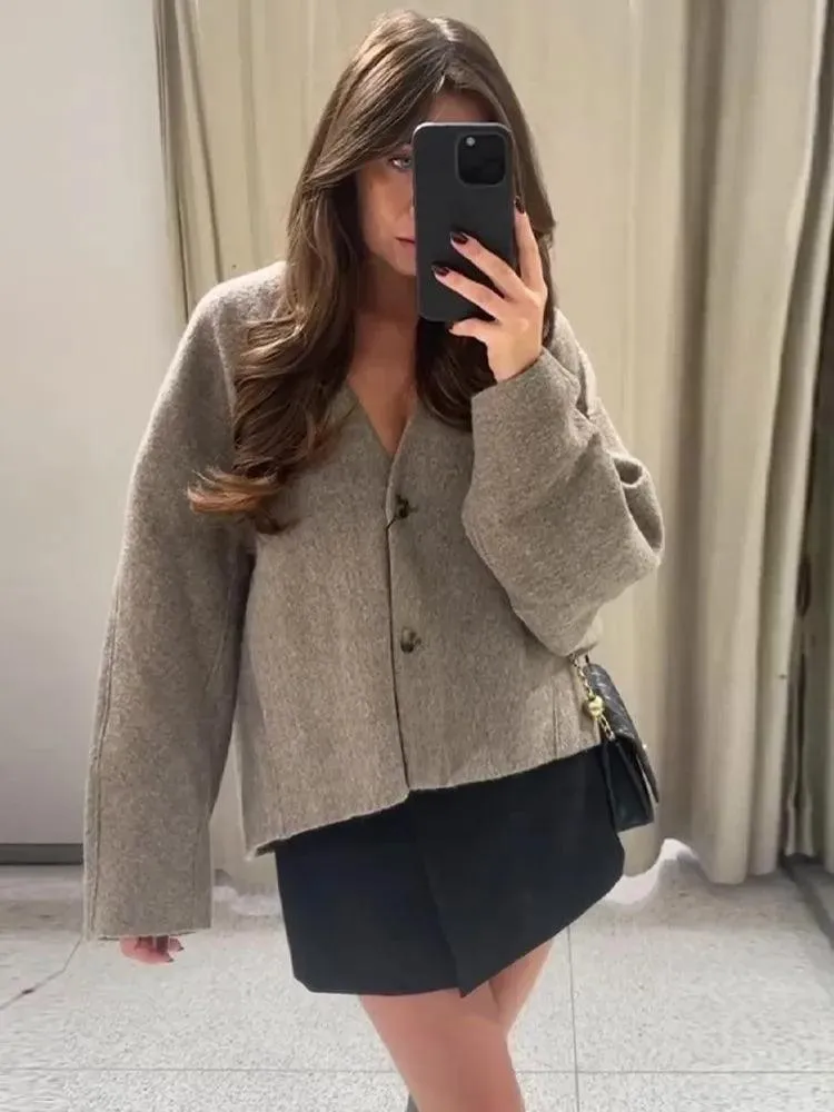 Chic Wool V Neck Coat: Elegant Autumn Office Jacket for Women