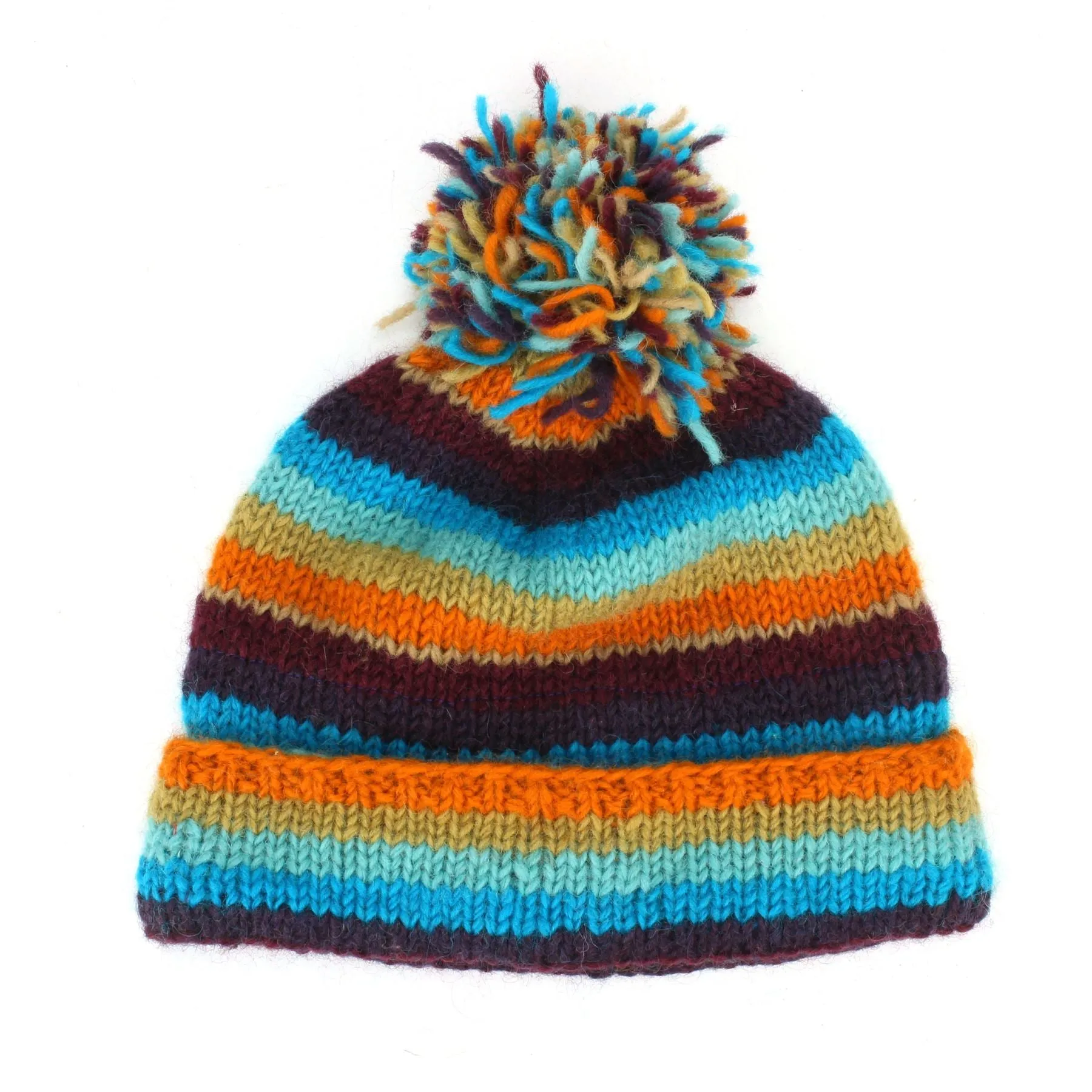 Chunky Wool Knit Beanie Bobble Hat - Stripe Retro C