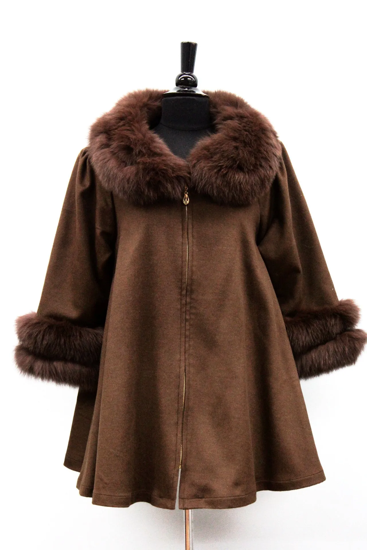 Coat with Fox Fur Collar and Fur Trim Sleeves - Brown