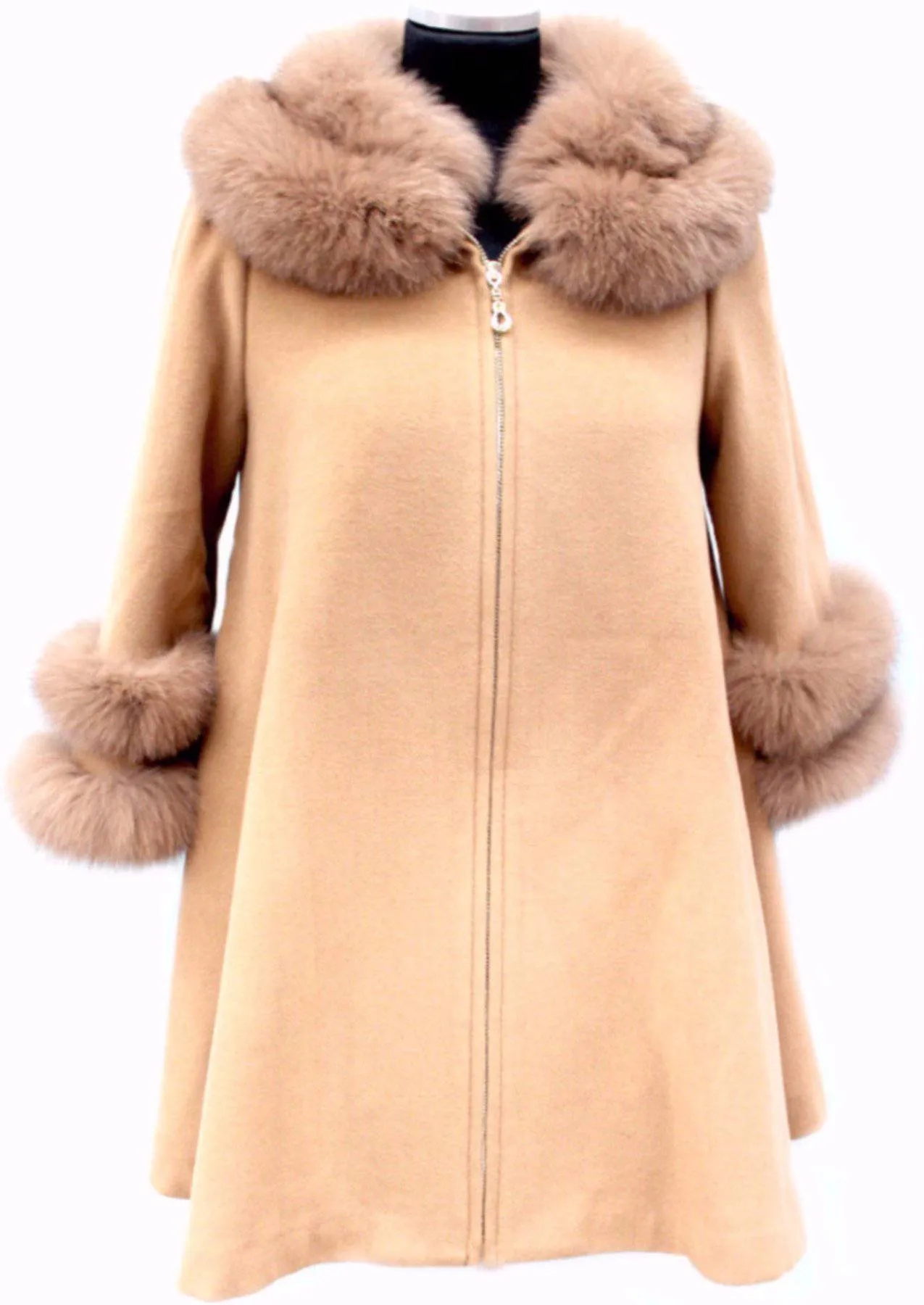 Coat with Fox Fur Collar and Fur Trim Sleeves - Camel