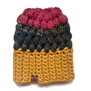 Crochet Puff Stitch Slouch Hat | Mustard Yellow   Bedrock   Pink