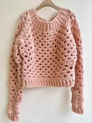 Crochet Sweater Ribbed Bottom (Pale Pink)