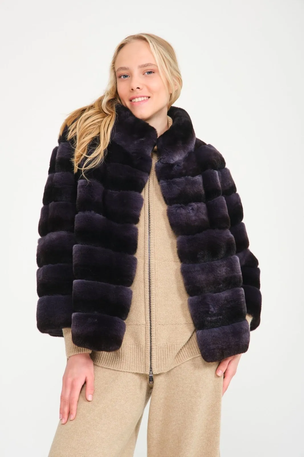 Dark Blue Rex Fur Coat