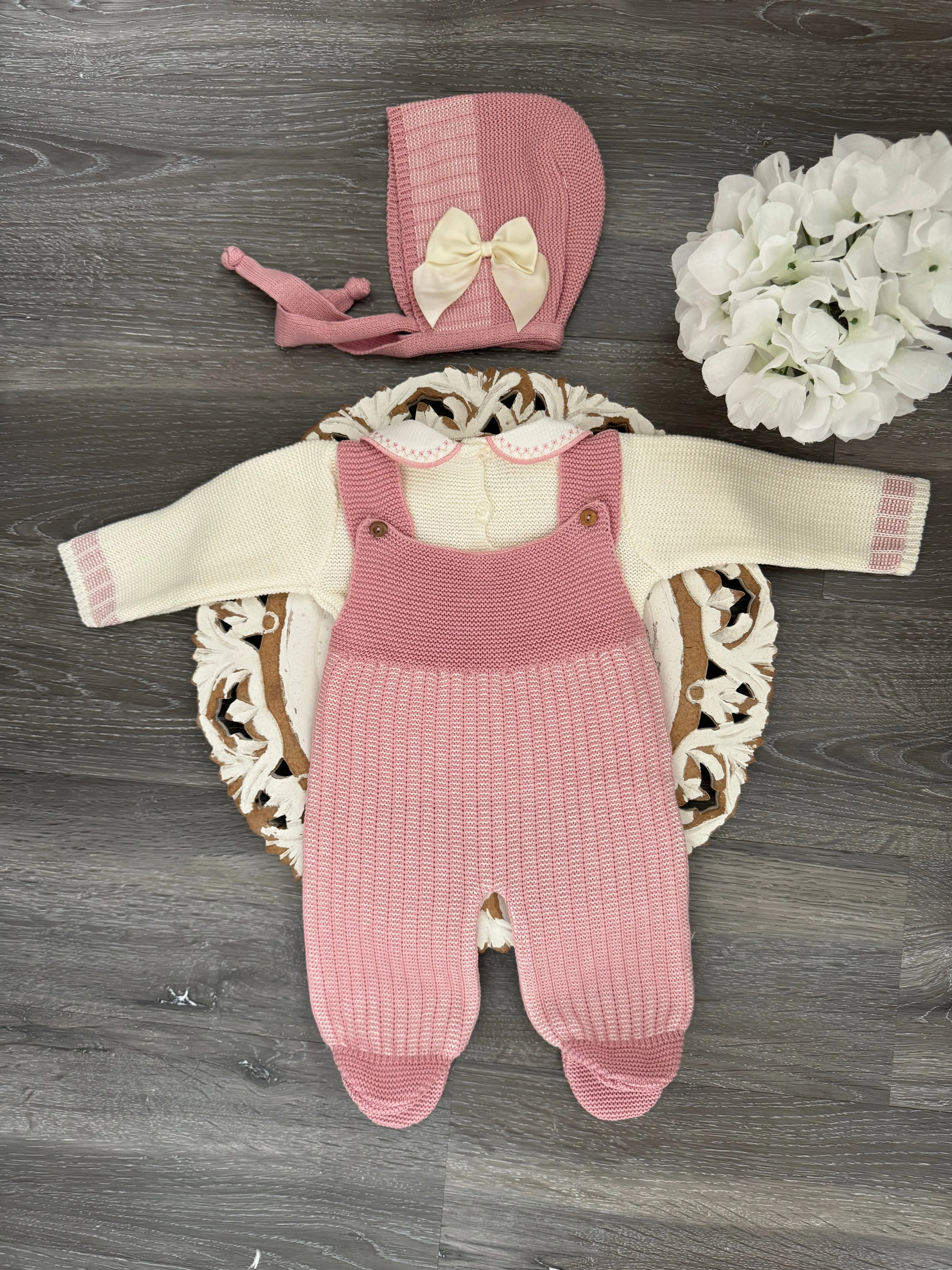 Delicate Knit Dot Line With Side Satin Bow Baby Set in Old Pink and Ivory