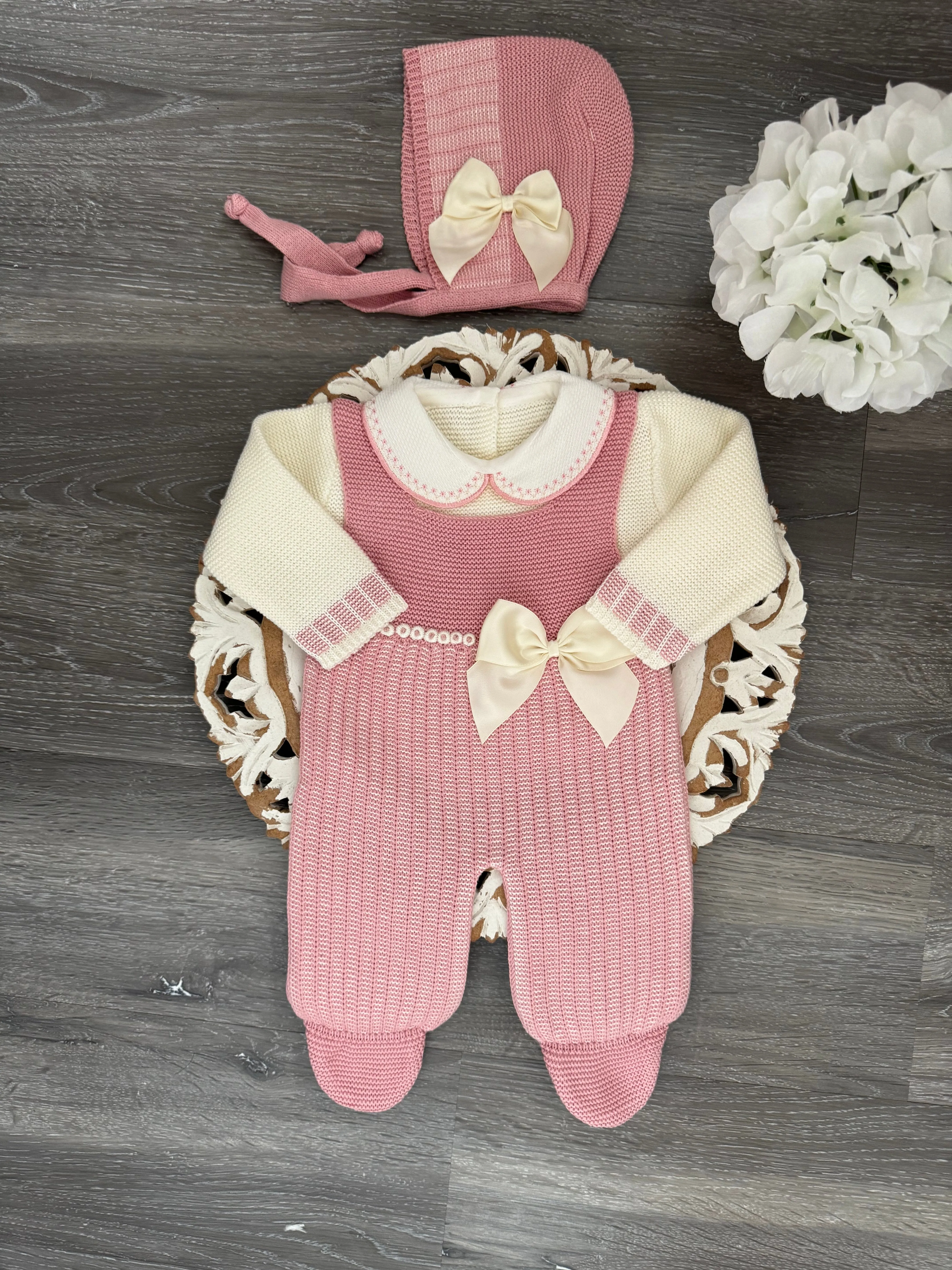 Delicate Knit Dot Line With Side Satin Bow Baby Set in Old Pink and Ivory