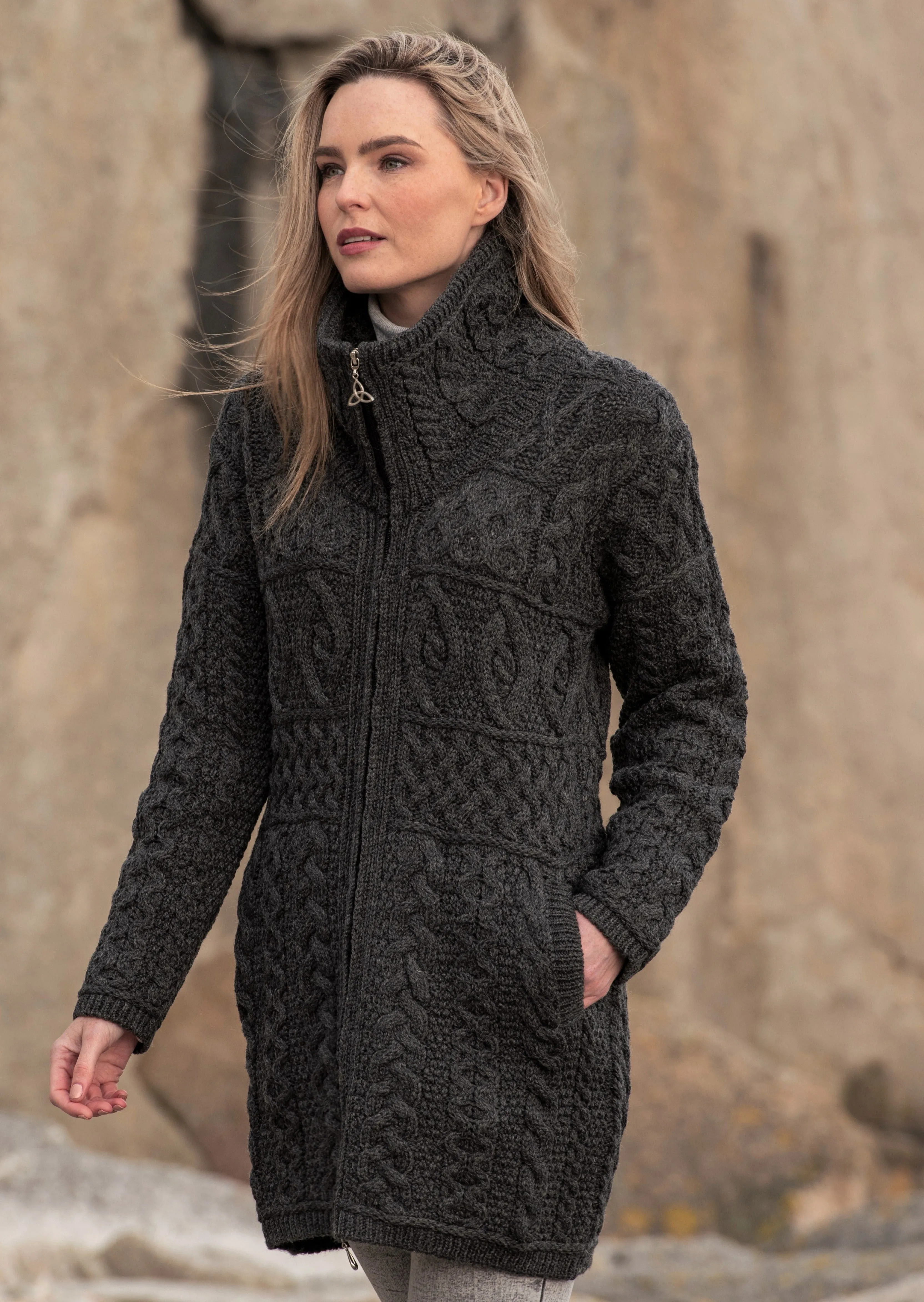 Double Collar Aran Sweater Coat | Charcoal