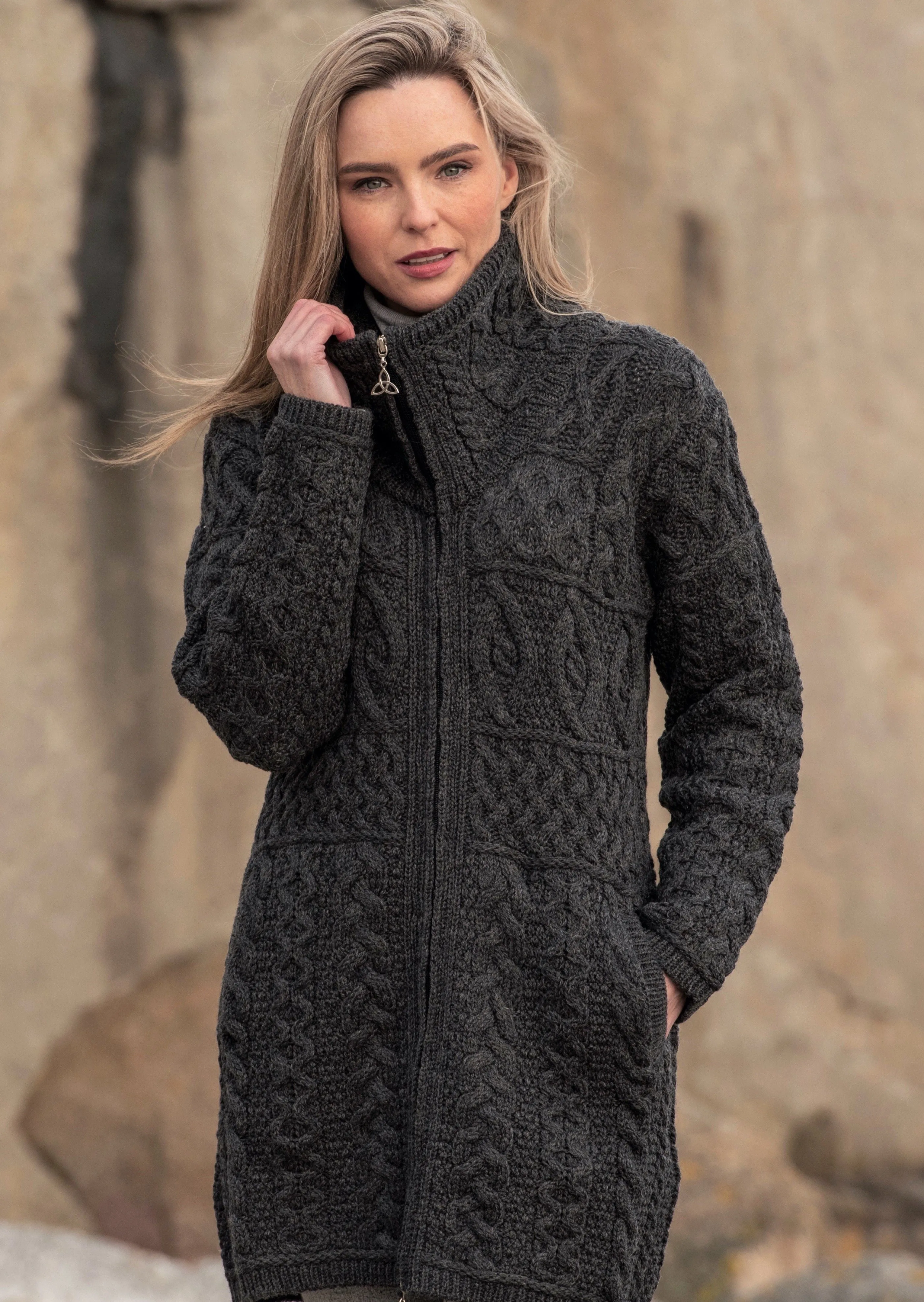 Double Collar Aran Sweater Coat | Charcoal