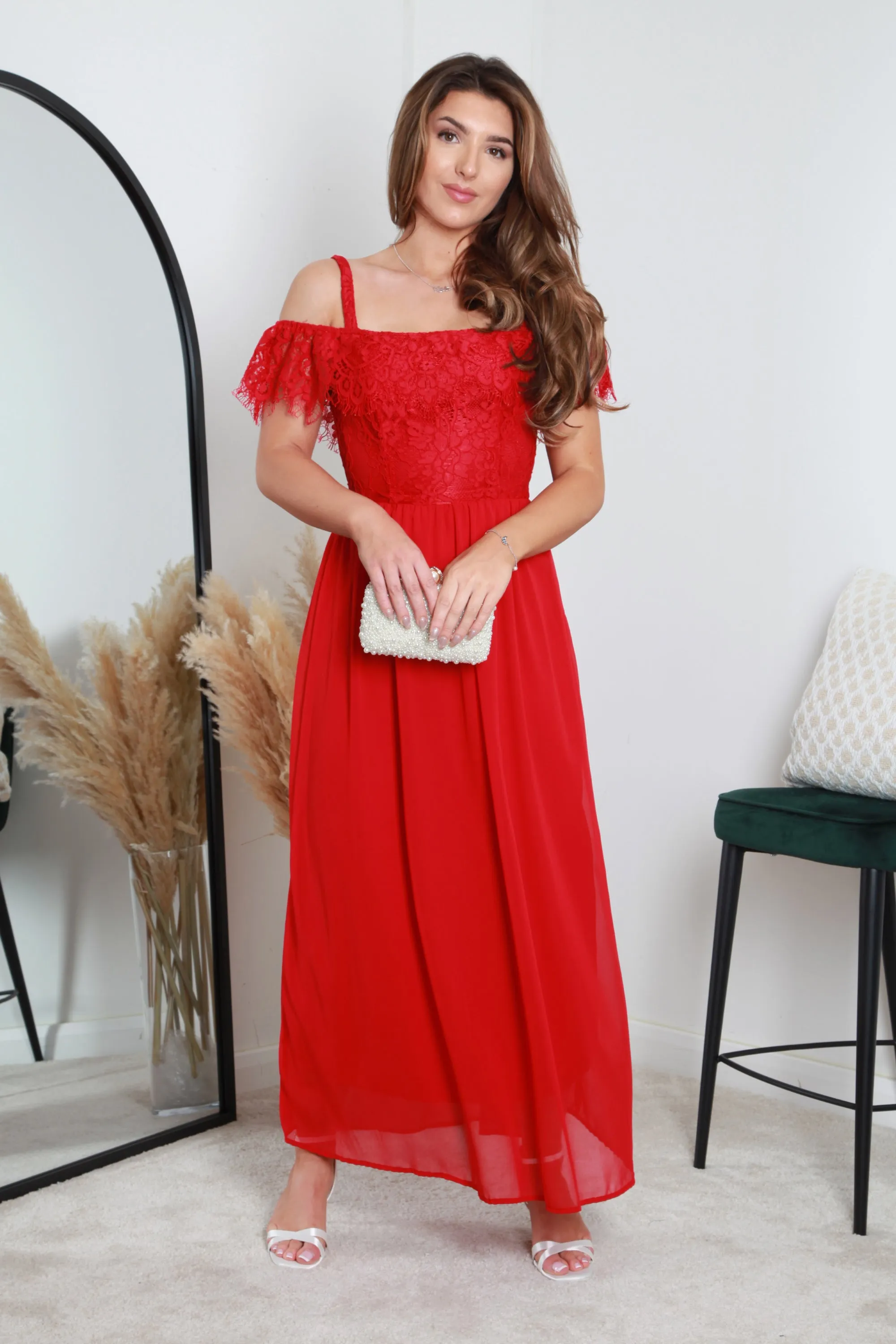 Double Second Red Scallop Edge Off Shoulder Dress