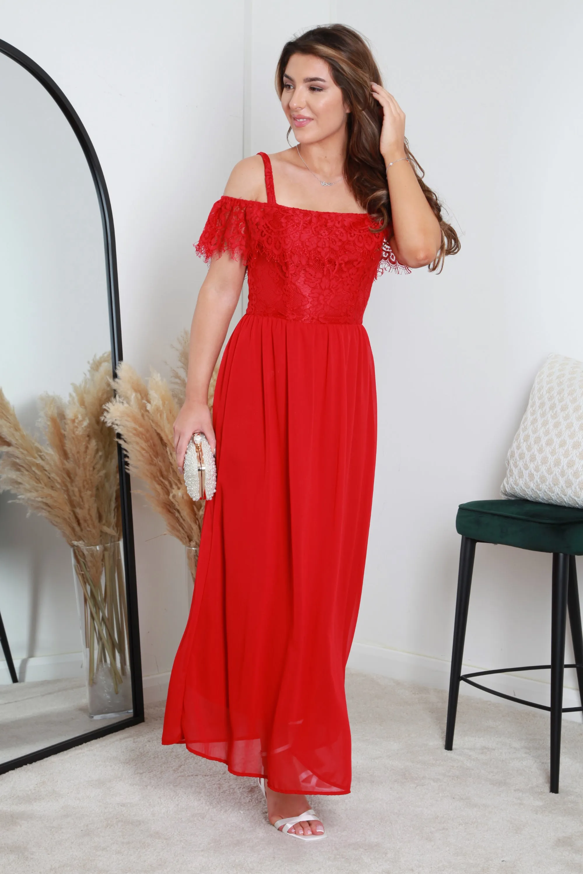 Double Second Red Scallop Edge Off Shoulder Dress