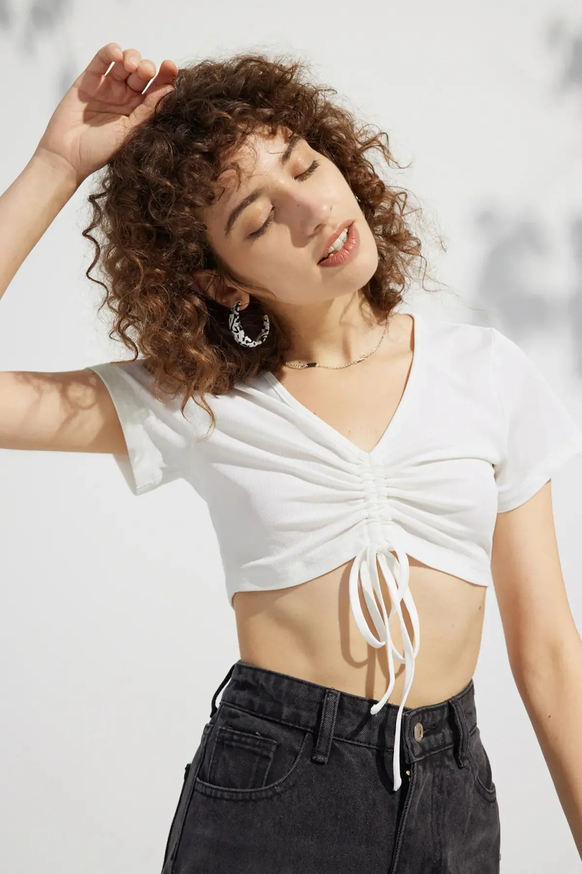 Drawstring Tie Front Rib Crop Tee