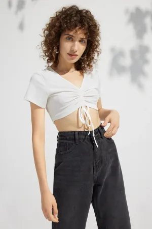 Drawstring Tie Front Rib Crop Tee