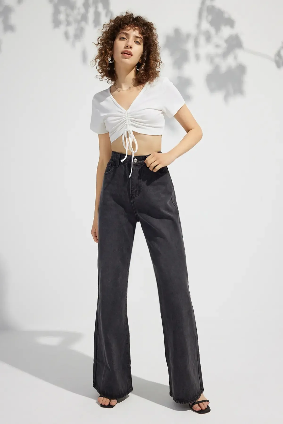 Drawstring Tie Front Rib Crop Tee