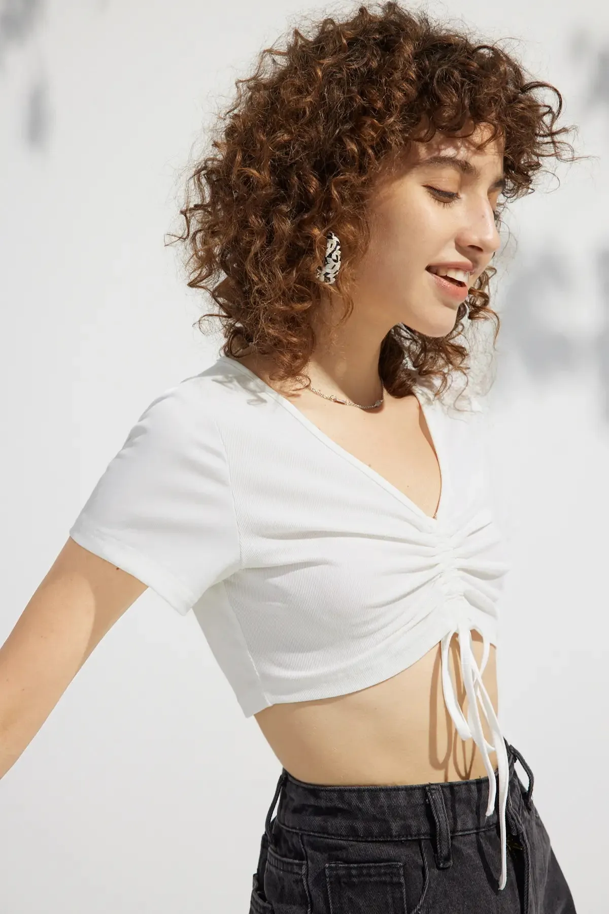 Drawstring Tie Front Rib Crop Tee