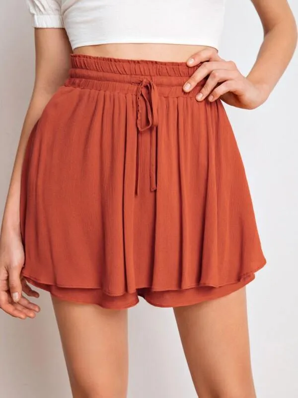 Drawstring Waist Solid Crepe Skort