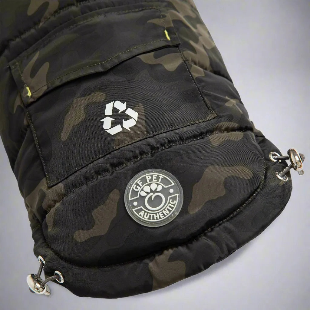 Eco-Friendly Recycled PET Dog Parka with Camouflage Design and Reflective Accents