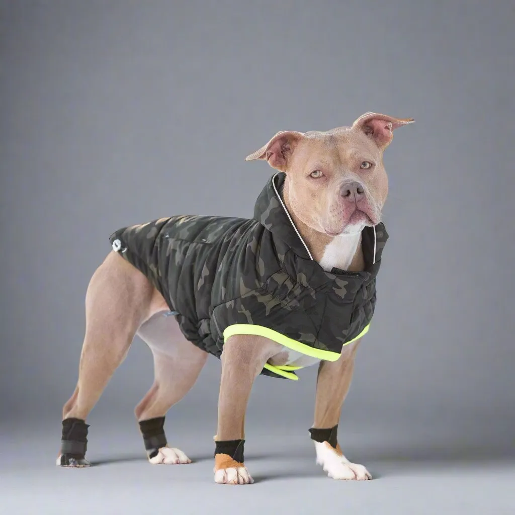 Eco-Friendly Recycled PET Dog Parka with Camouflage Design and Reflective Accents