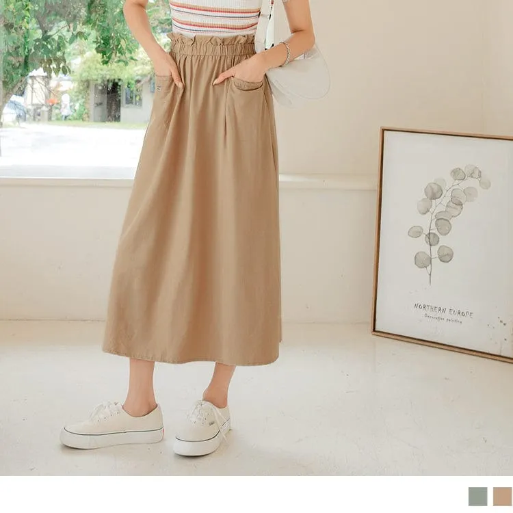 ELASTIC WAIST POCKETS A-LINE MAXI SKIRTS