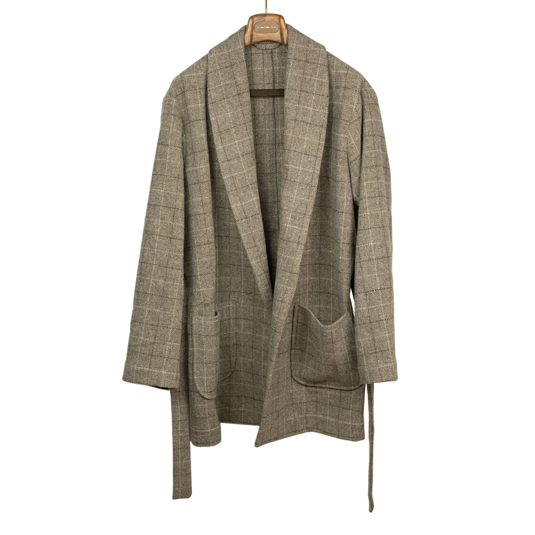 Exclusive cardigan jacket in taupe windowpane undyed wool herringbone