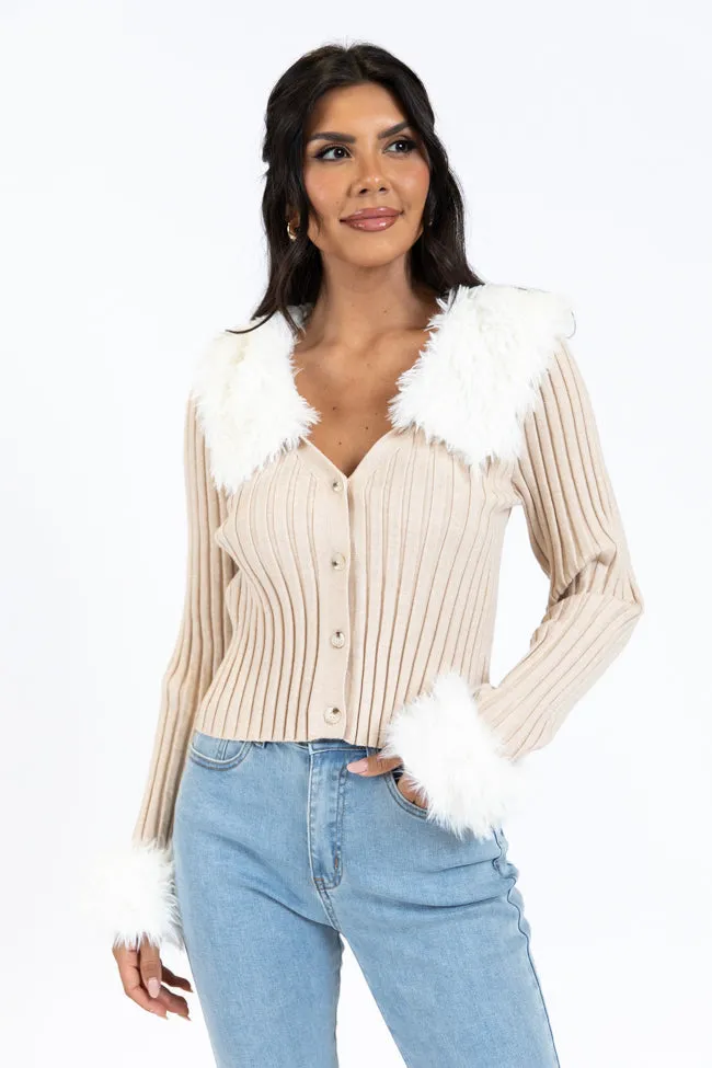 Fake It Until You Make It Beige Faux Fur Trim Cardigan