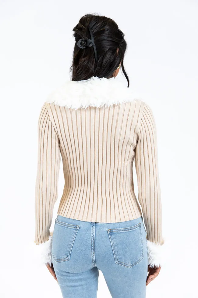 Fake It Until You Make It Beige Faux Fur Trim Cardigan