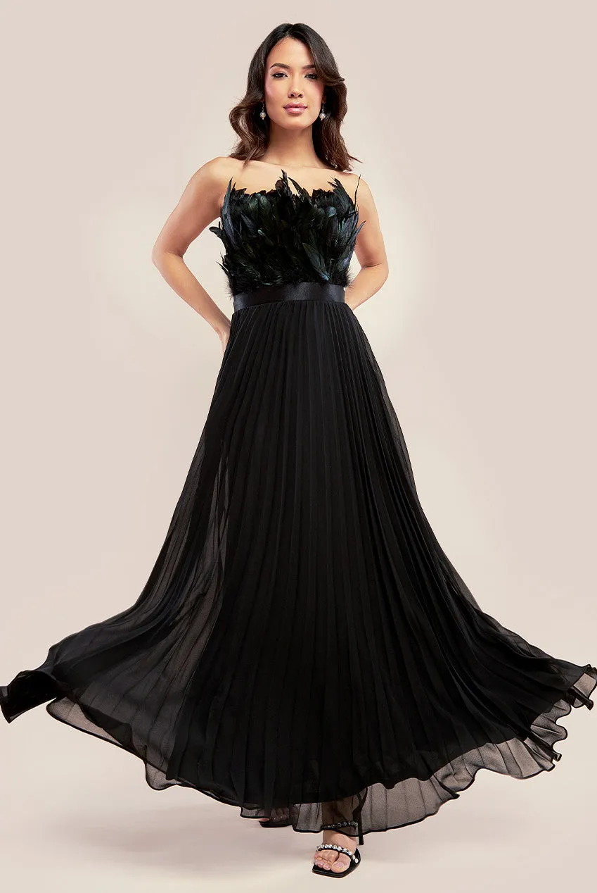 Feather Off The Shoulder Pleated Evening Maxi Dress - Black by Goddiva