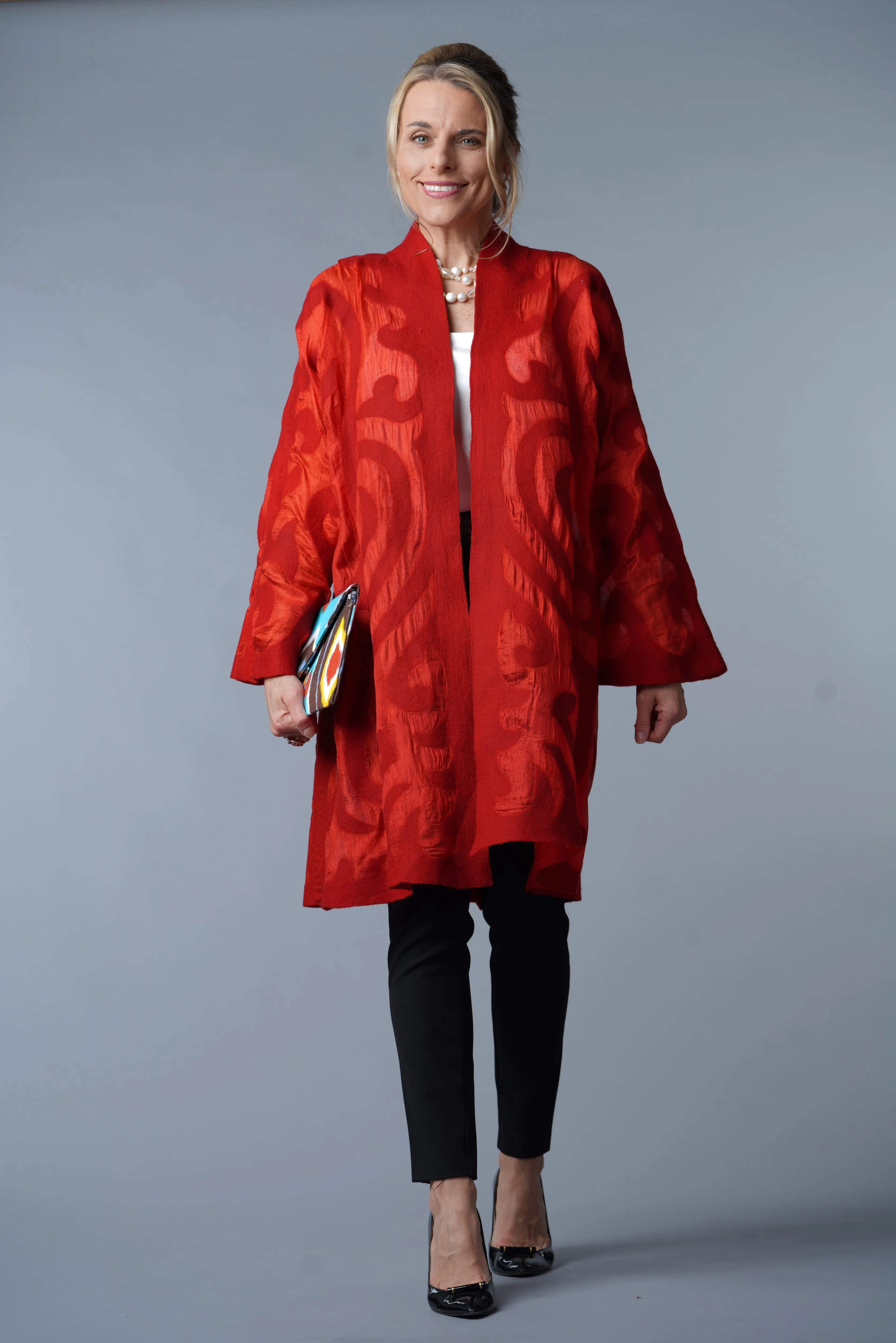 Felted Wool Coat from Kyrgyzstan - Long -Red