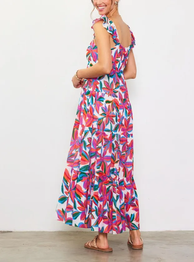 Floral Print Ruffle Sleeve Maxi Dress