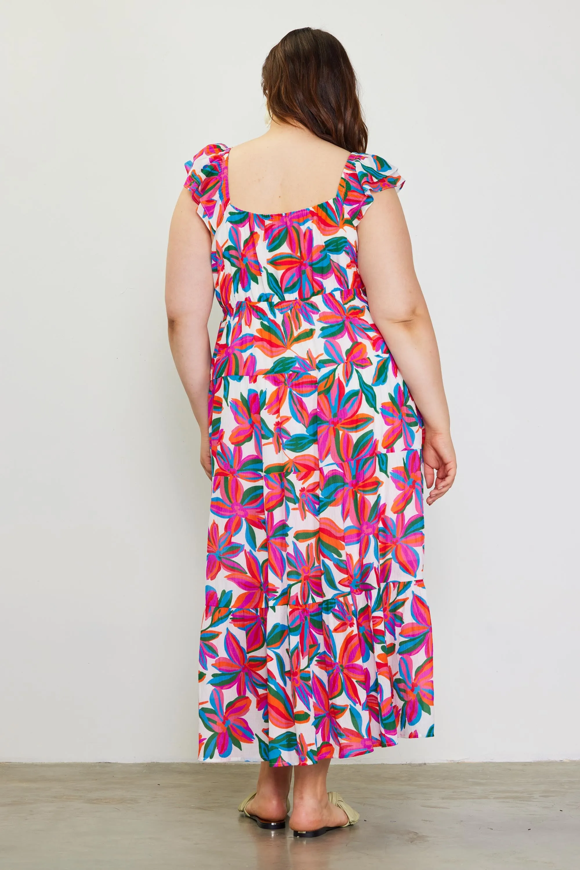 Floral Print Ruffle Sleeve Maxi Dress