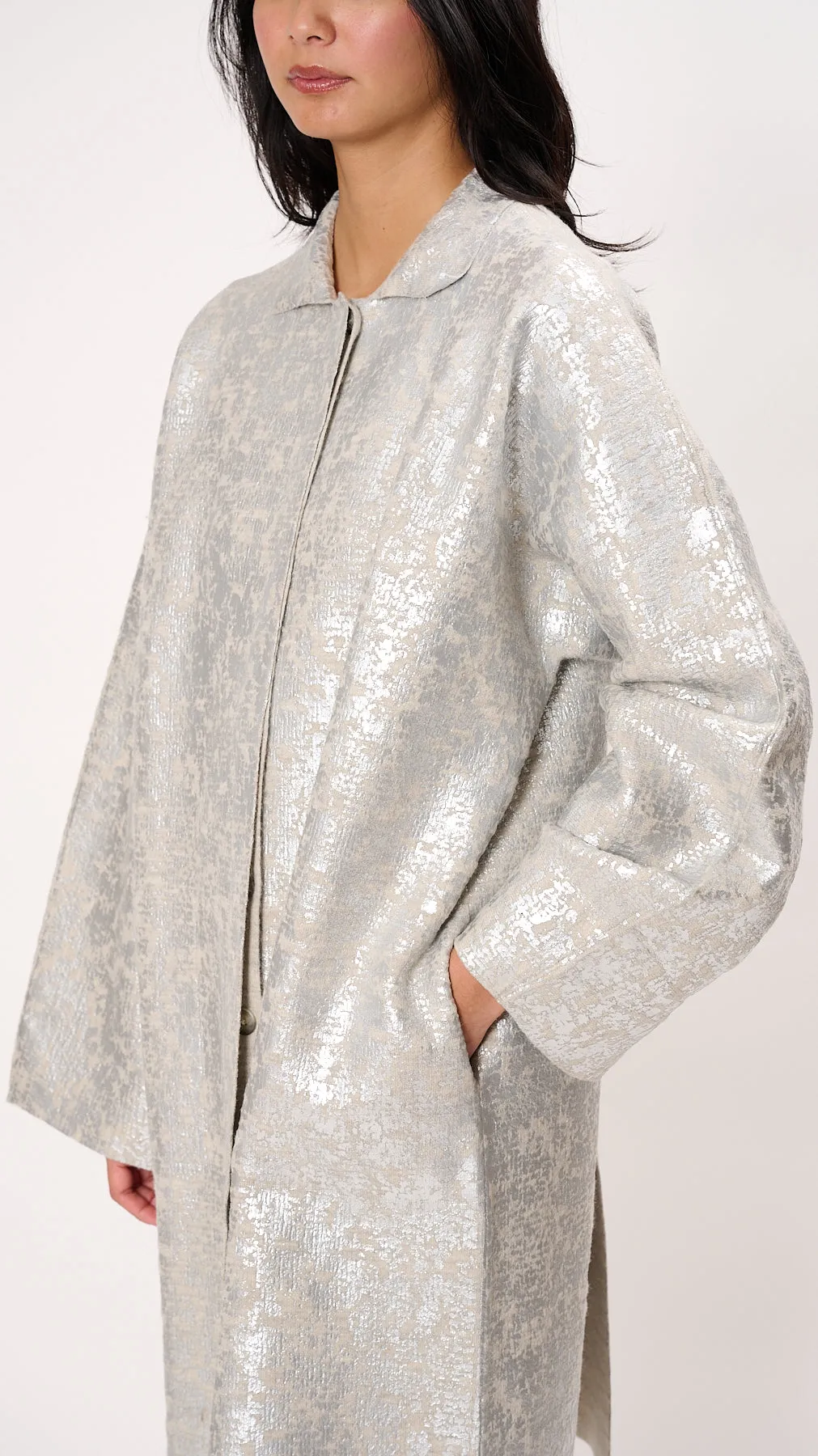 Foil Car Coat in Silver Carrara